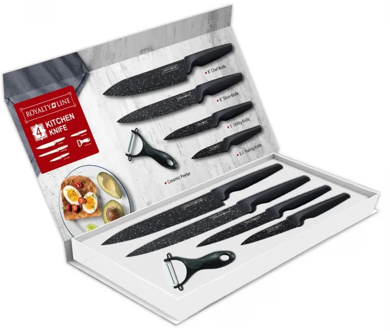 Set cutite in cutie magnetica Royalty Line RL MB4, 5 piese, Decojitor, Acoperire marmura, Maner gumat, Negru
