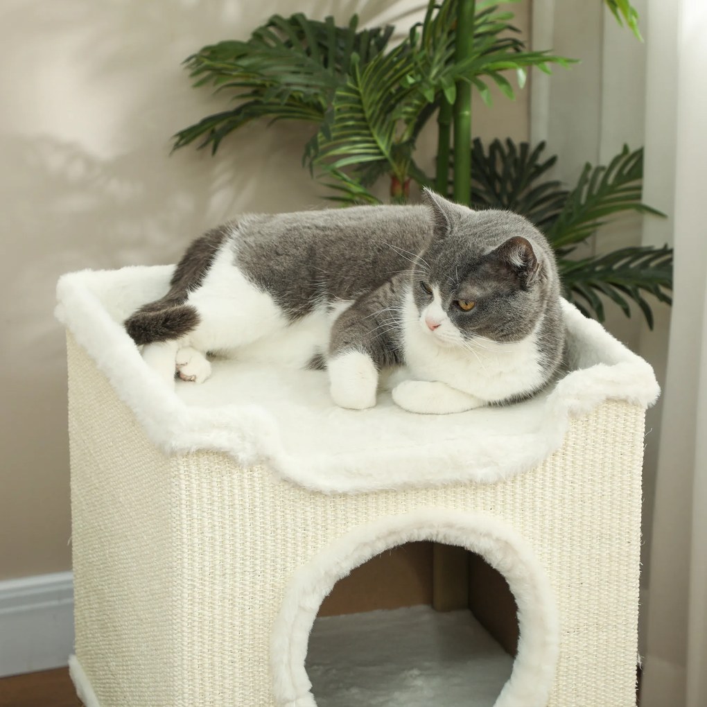 PawHut Casa pentru pisici de interior cu 3 nivele, casa pentru pisici cu zgâriere din sisal pentru zgâriere 41 x 41 x 75,5 cm, crem | Aosom Romania