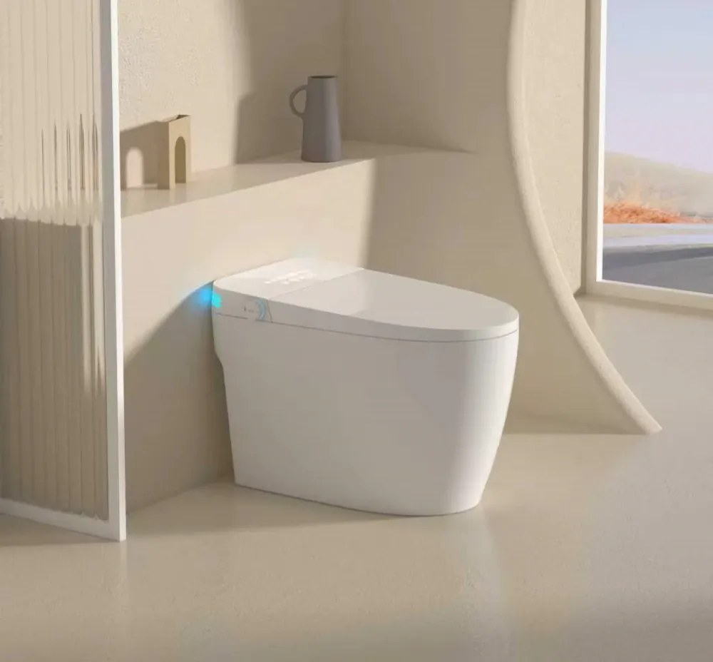 Smart WC R02 – Vas de Toaletă Inteligent cu rezervor integrat, deschidere automată, spălare cu apă caldă, uscare, senzor de picior, capac cu încălzire, afișaj LED, evacuare P-Trap, Alb