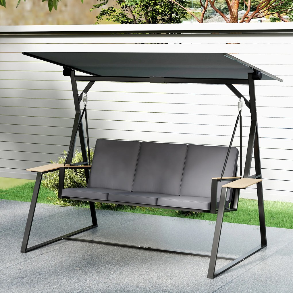 Outsunny Balansoar exterior de grădină cu 3 locuri, acoperiș reglabil, 2 tăvi, perne și cadru metalic, sarcină 360 kg, gri | Aosom Romania
