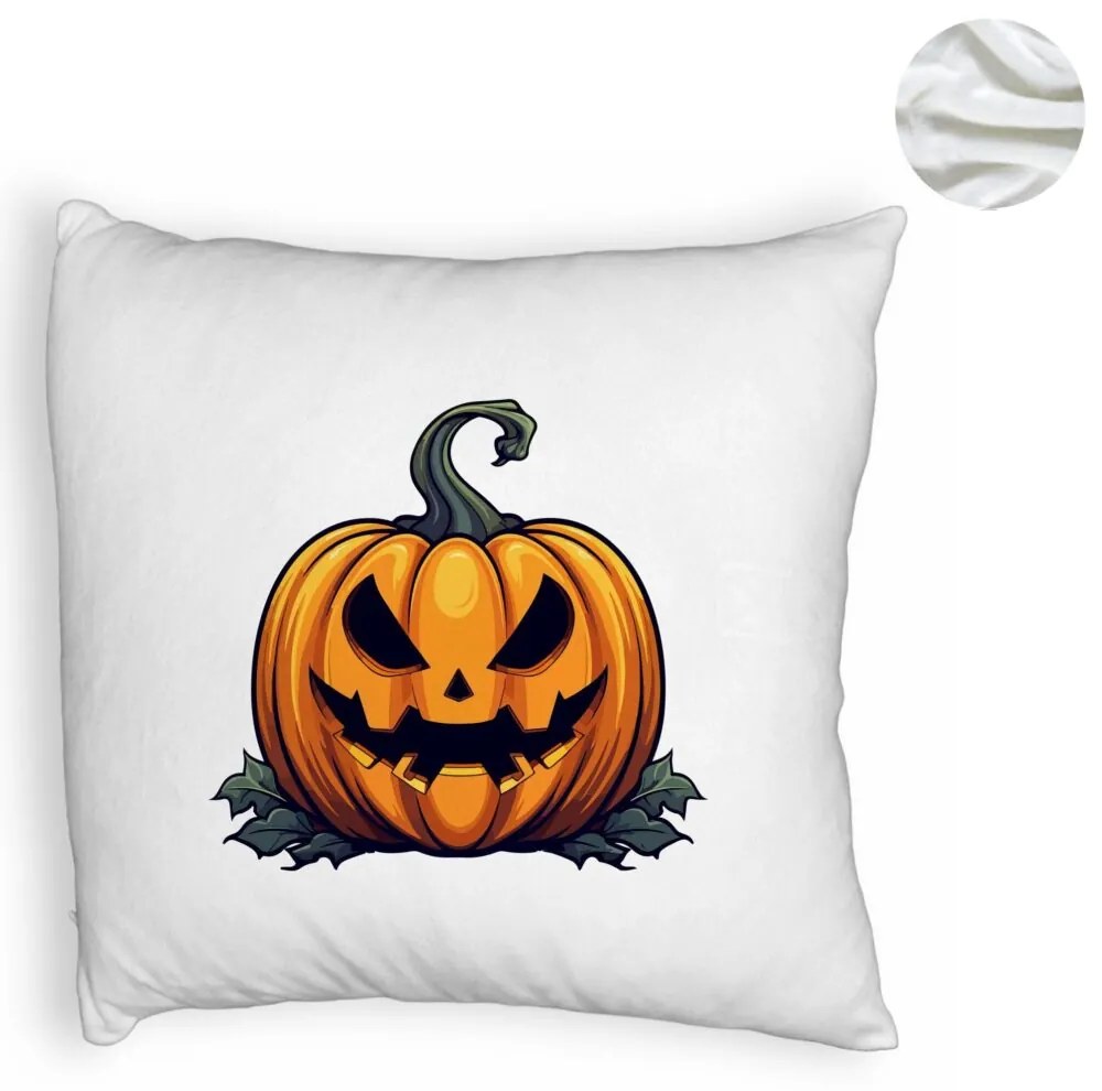 Perna Decorativa Fluffy cu motiv Dovleac de Halloween 1, 40x40 cm, Alba, Husa Detasabila, Burduf