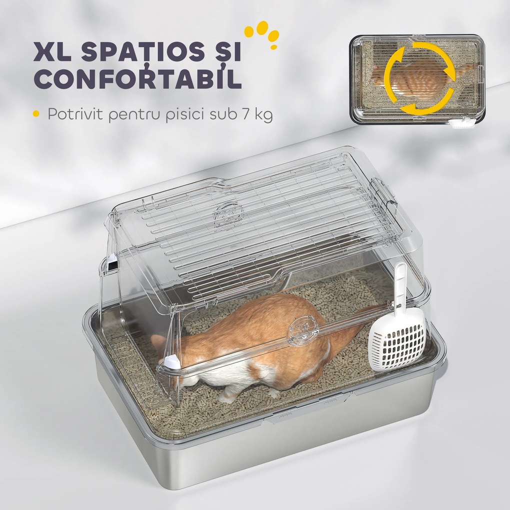 PawHut Extra Large din Oțel Inoxidabil, Litieră pentru Pisici cu Lopățică, Capac Rabatabil | Aosom Romania