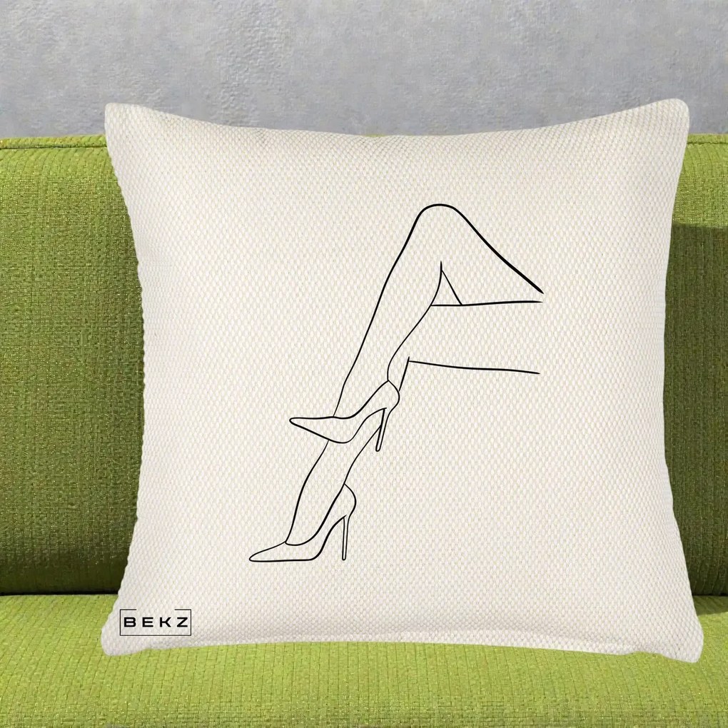 Perna Decorativa Picioare cu Tocuri Line Art, 40x40 cm, Crem Reliefat, Husa Detasabila, Perna Inclusa, BEKZ®