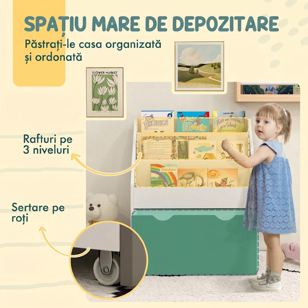 AIYAPLAY Bibliotecă pentru Copii cu Rafturi, Sertar, pentru Dormitor, Cameră de Joacă, Alb și Verde | Aosom Romania