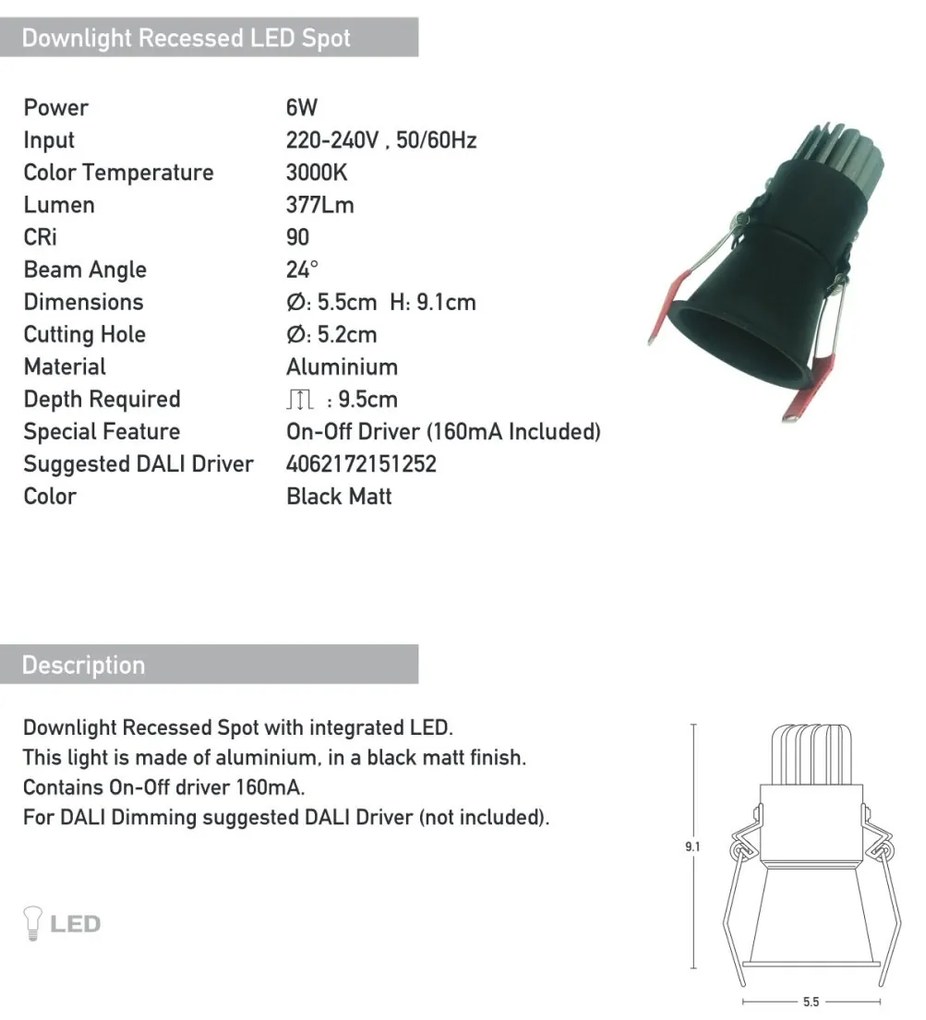 Spot LED incastrabil Trimless negru 6W 3000K