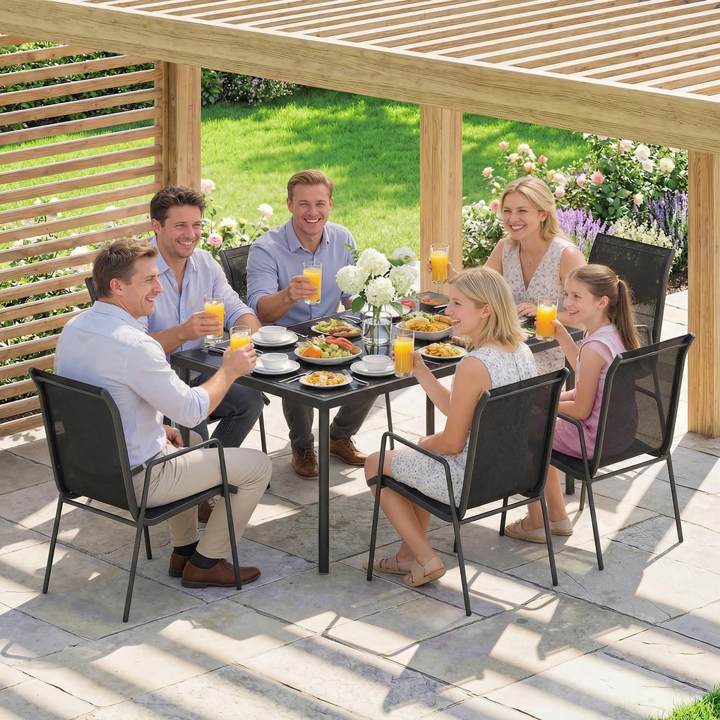 Outsunny Set de Masă 7 Piese: Masă Dreptunghiulară și 6 Scaune Suprapozabile pentru Grădină | Aosom Romania