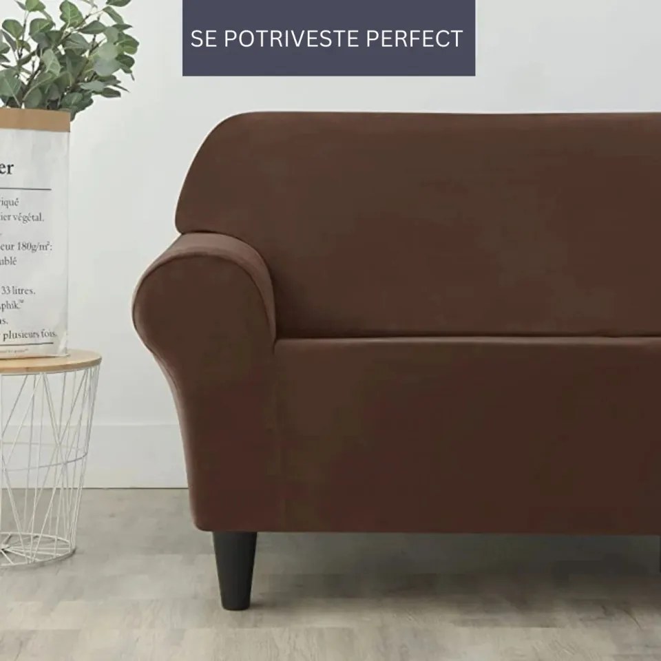 Set huse elastice din catifea pentru canapea 3 locuri + 2 fotolii, cu brate, maro, HCCJS-06