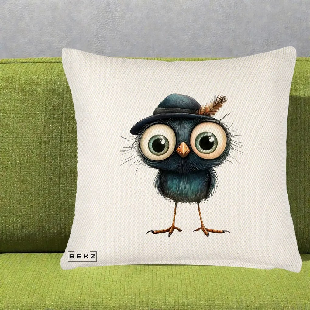 Perna Decorativa Pui Misterios cu Palarie Neagra, 40x40 cm, Crem Reliefat, Husa Detasabila, Perna Inclusa, BEKZ®
