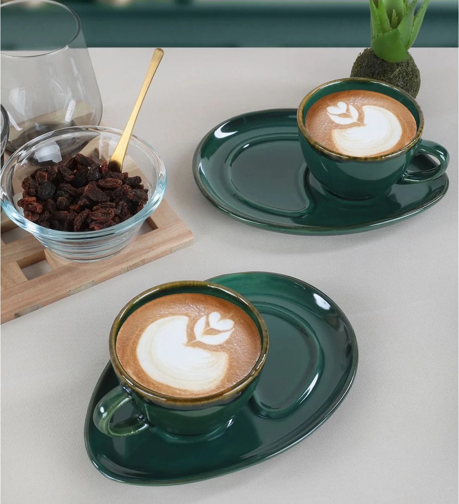 Set 2 cesti cu 2 farfurii 275KRM1496, verde, ceramica, 215 ml