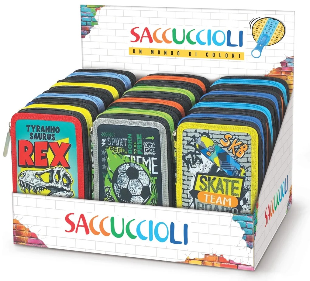 Penar echipat - Colectia pentru baieti cu 3 fermoare (18 markere si 18 creioane colorate) - 13 x 20 x 6.5 cm (12buc/display)