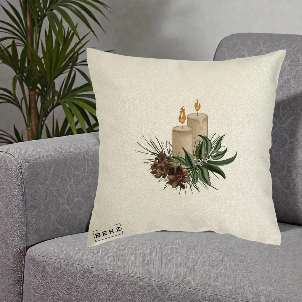 Perna Decorativa Lumanari cu Ilex si Conuri Ilustratie, 40x40 cm, Ecru, Husa Detasabila, Perna Inclusa, BEKZ®