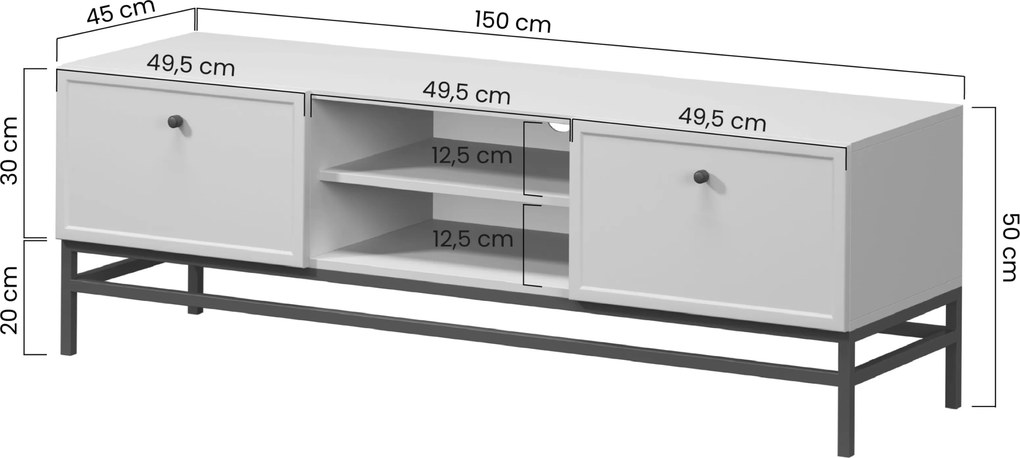 Comodă TV Lorini 150 cm cu sertare - culoare cașmir / mânere tip T-bar și cadru negre