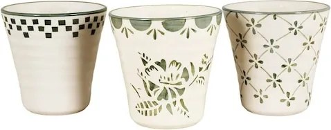 Cană din ceramică artizanală, natur, cu motive florale pictate manual verde și bordură decorativă, fără mâner, 10×10 cm, „Marion"