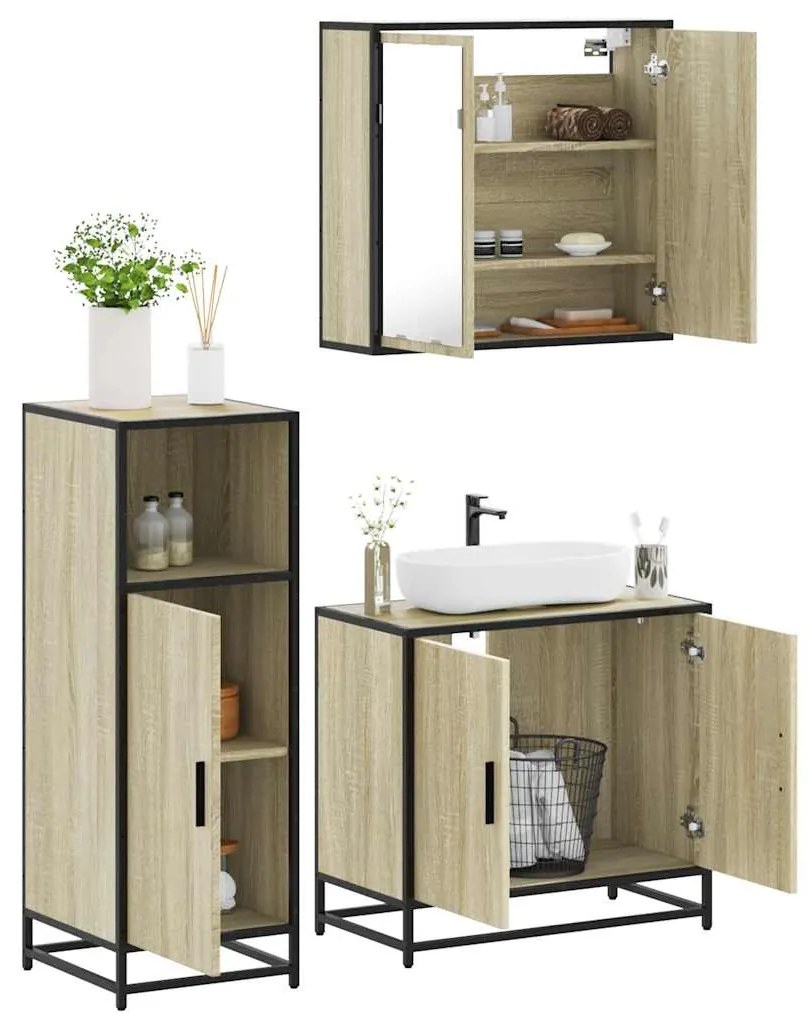 vidaXL Set mobilier de baie, 3 piese, stejar sonoma, lemn prelucrat