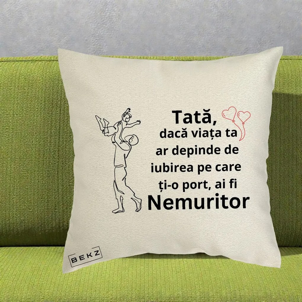 Cadou pentru Tata - Perna Personalizata Tata Nemuritor Joaca in Aer, 40x40 cm, Ecru, Husa Detasabila, Perna Inclusa, BEKZ®