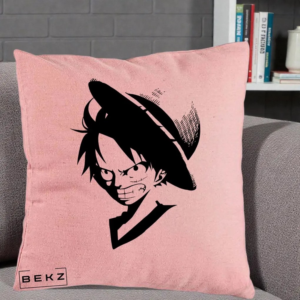 Perna Personalizata One Piece Luffy Silueta Alb-Negru, 40x40 cm, Roz, Husa Detasabila, Perna Inclusa, BEKZ®