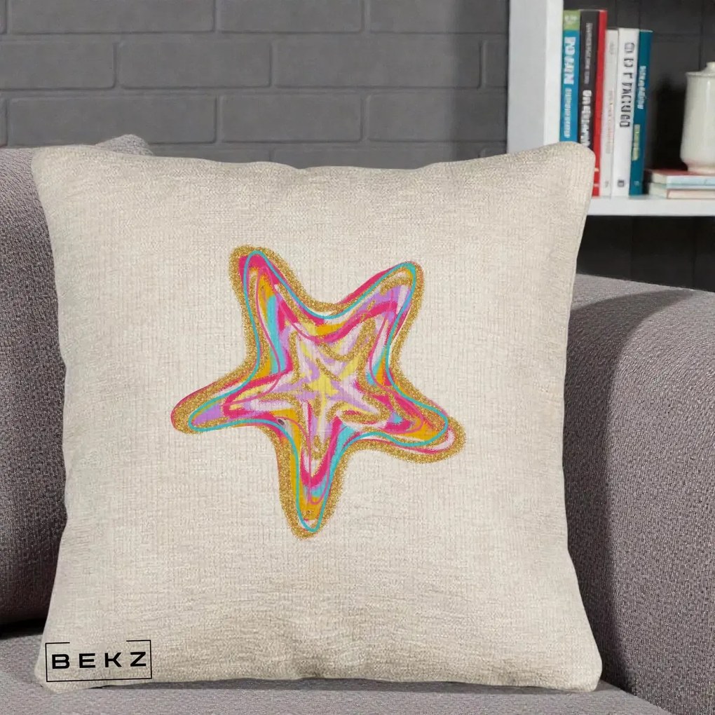 Perna decorativa Stea de Mare Colorata Psiheledic, 40x40 cm cu Umplutura, Bej Canapea, BEKZ