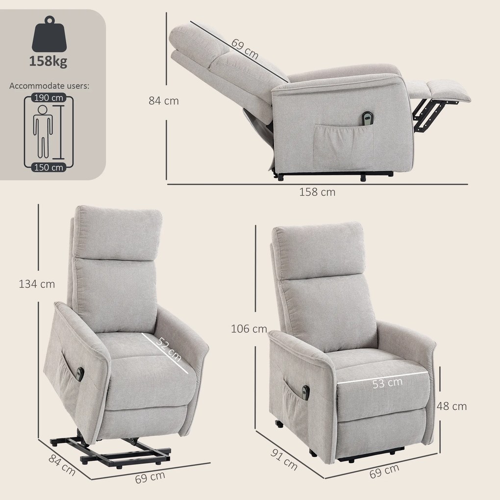 HOMCOM Fotoliu Electric cu Ridicare și Reclinare din Chenille cu Spătar Înalt, Telecomandă, Gri Deschis | Aosom Romania