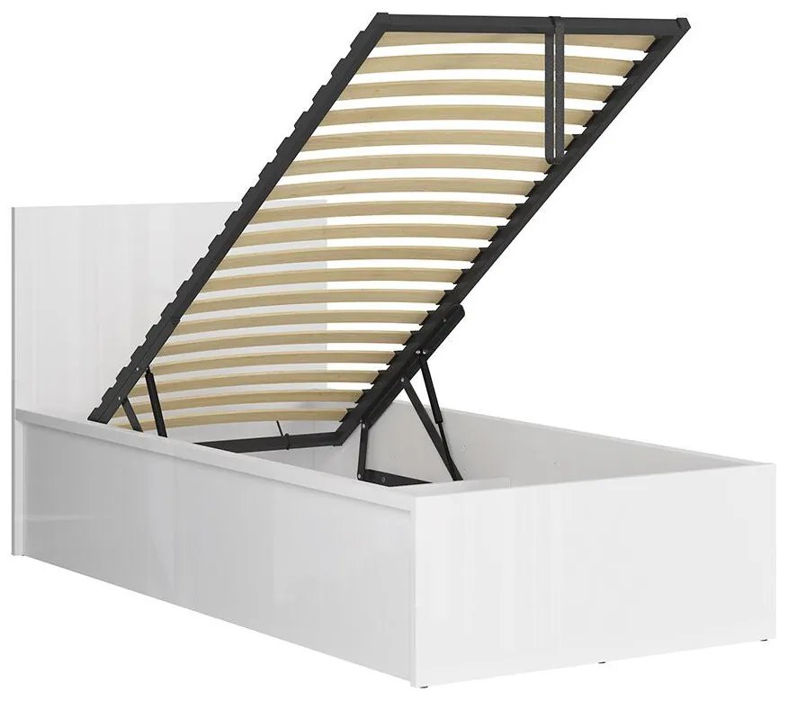 Pat de o persoană 90 cm Tetrix 15 (alb lucios) (cu somieră) (cu sp. depozitare). 1098499
