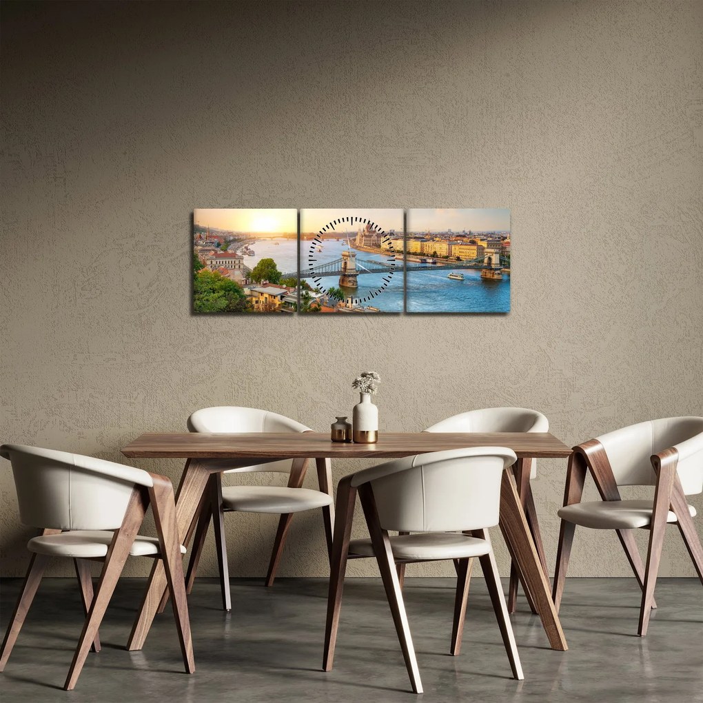 Tablou cu orașul Budapesta și râu (cu ceas) (90x30 cm)