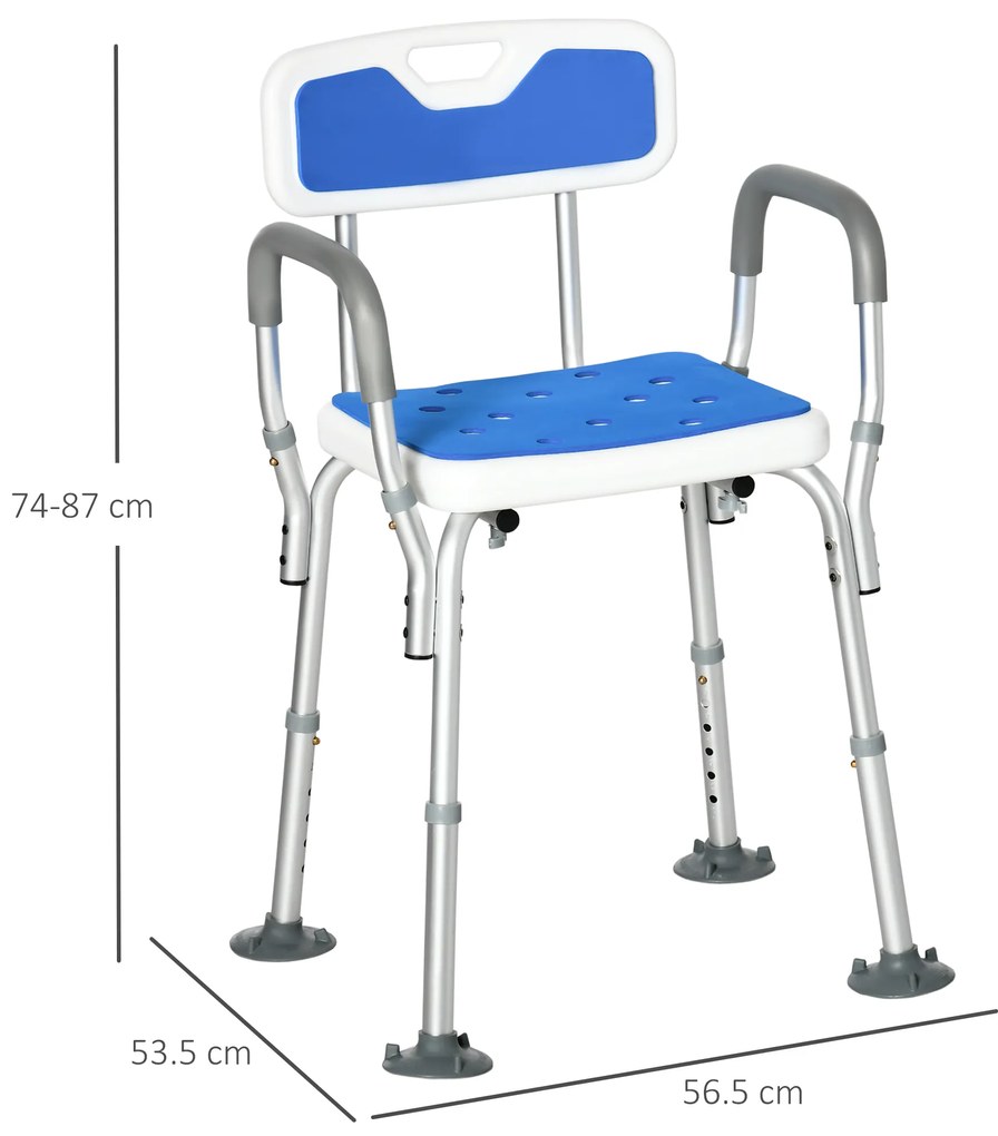 HOMCOM Scaun de Duș cu Căptușeală EVA și Înălțime Reglabilă, Cotiere, Picioare cu Ventuză și Aluminiu, 56,5x53,5x74-87 cm, Albastru | Aosom Romania