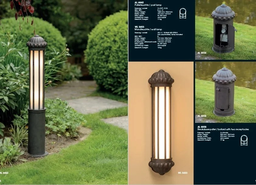 Stalp cu doua prize pentru exterior din fier forjat, inaltime 53cm AL 6858