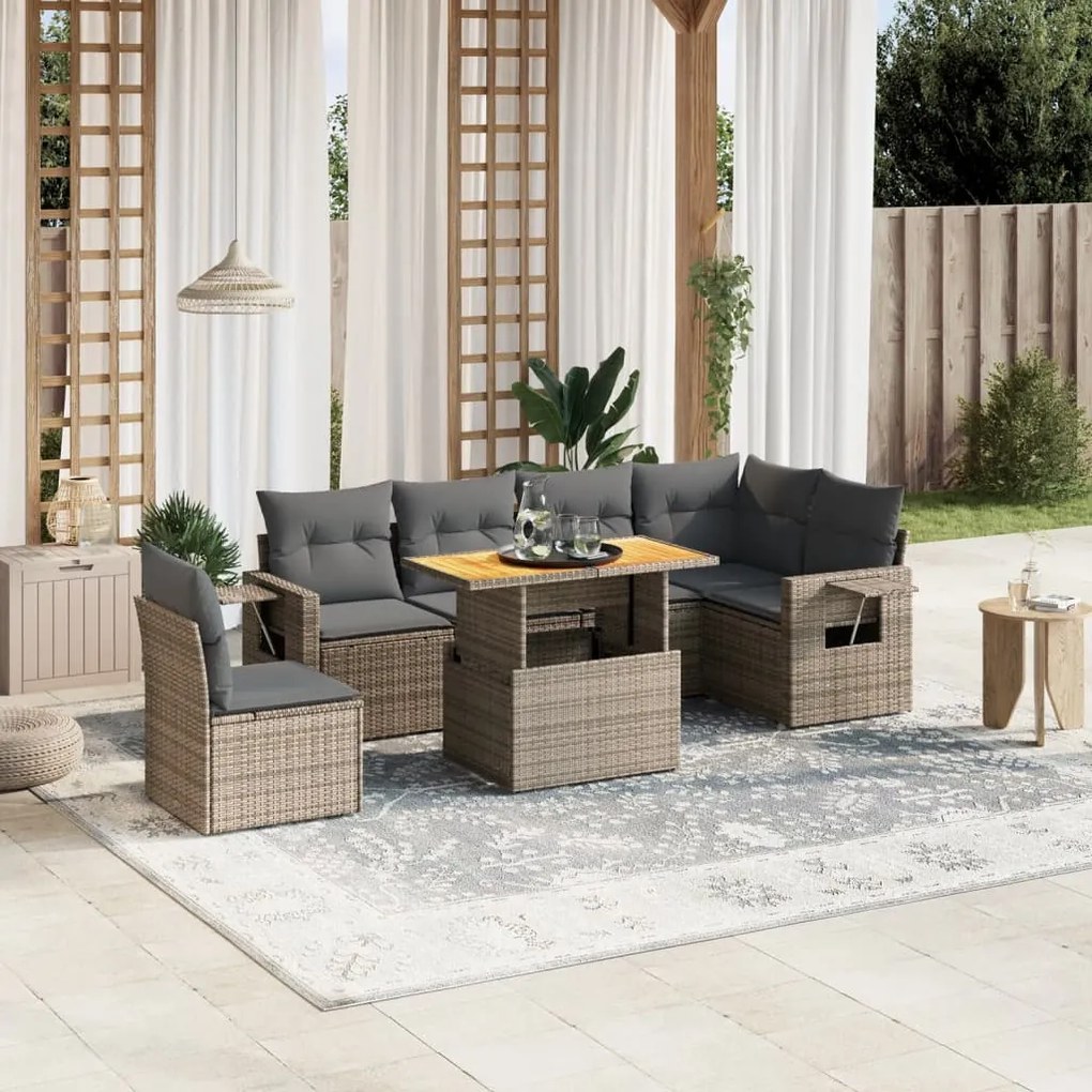 vidaXL Set canapele de grădină, 7 piese, cu perne, gri, poliratan