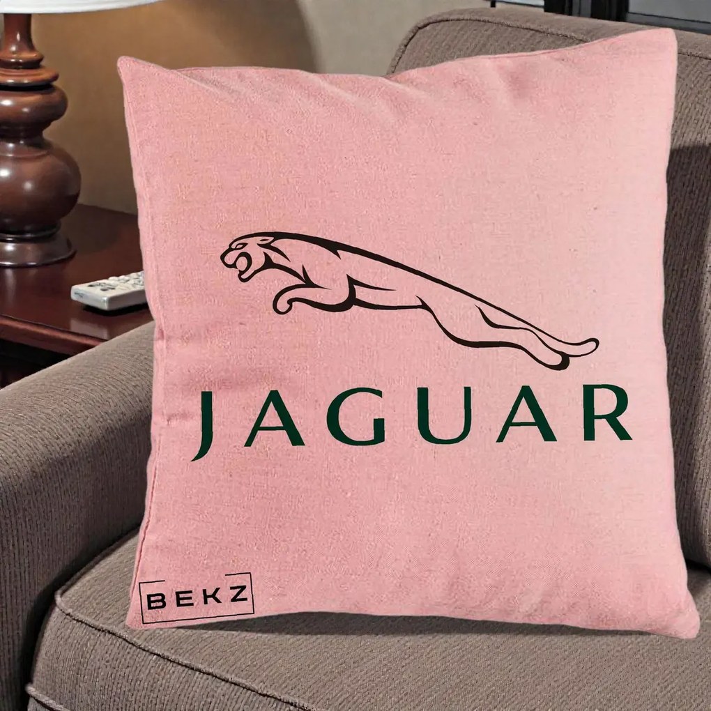 Perna Personalizata cu emblema Jaguar, 40x40 cm, Roz, Husa Detasabila, Perna Inclusa, BEKZ®