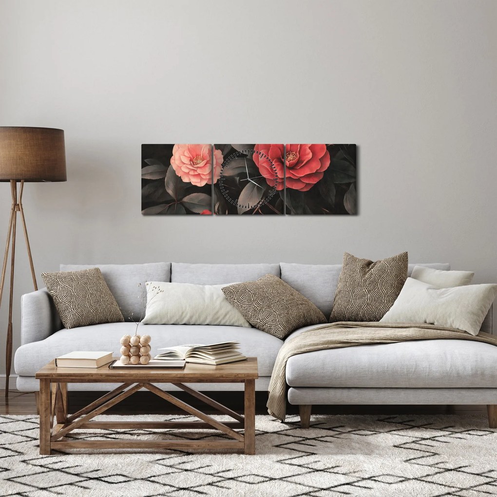 Tablou - Flori roșii pe fundal întunecat (cu ceas) (90x30 cm)