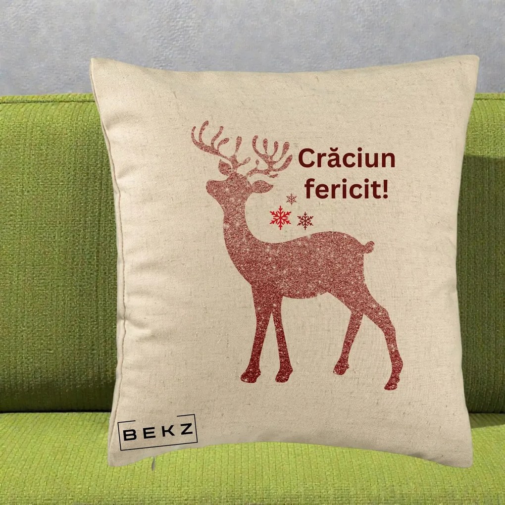 Perna Decorativa Ren Sclipitor Glitter Craciun Fericit, 40x40 cm, Bej, Husa Detasabila, Perna Inclusa, BEKZ®