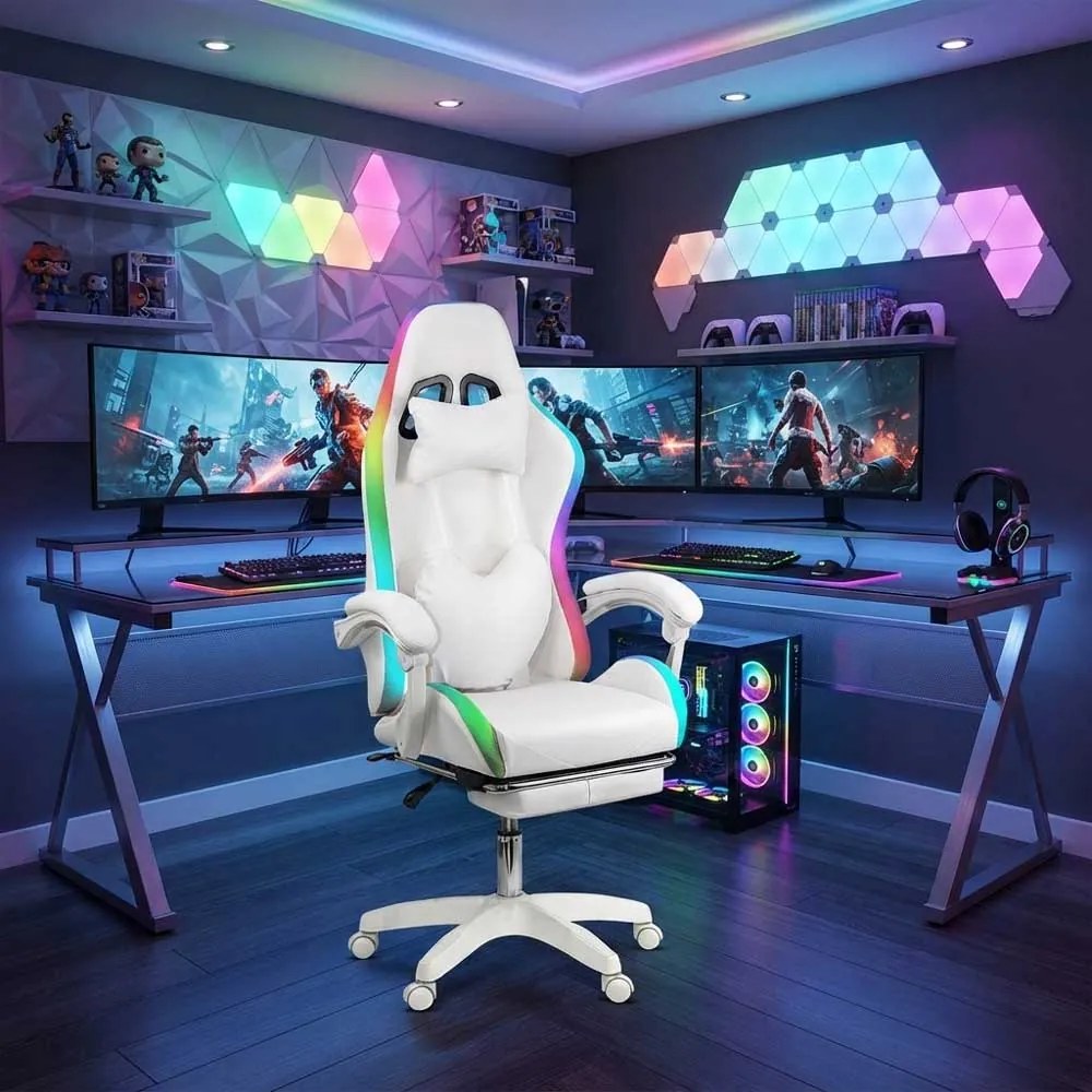 Scaun ergonomic gaming alb cu piele ecologică cu lumini LED RGB OFF 298