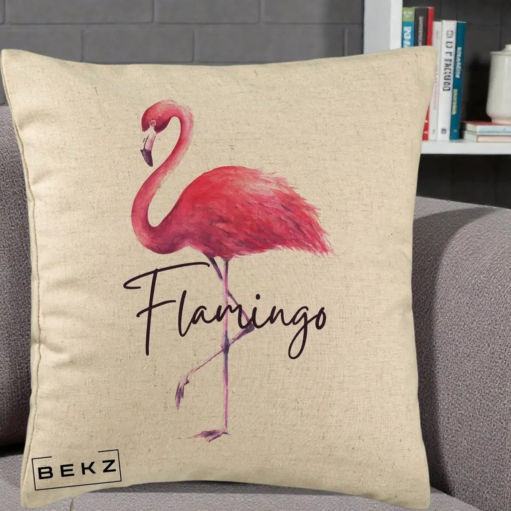Perna Decorativa Flamingo Acuarela, 40x40 cm, Bej, Husa Detasabila, Perna Inclusa, BEKZ®