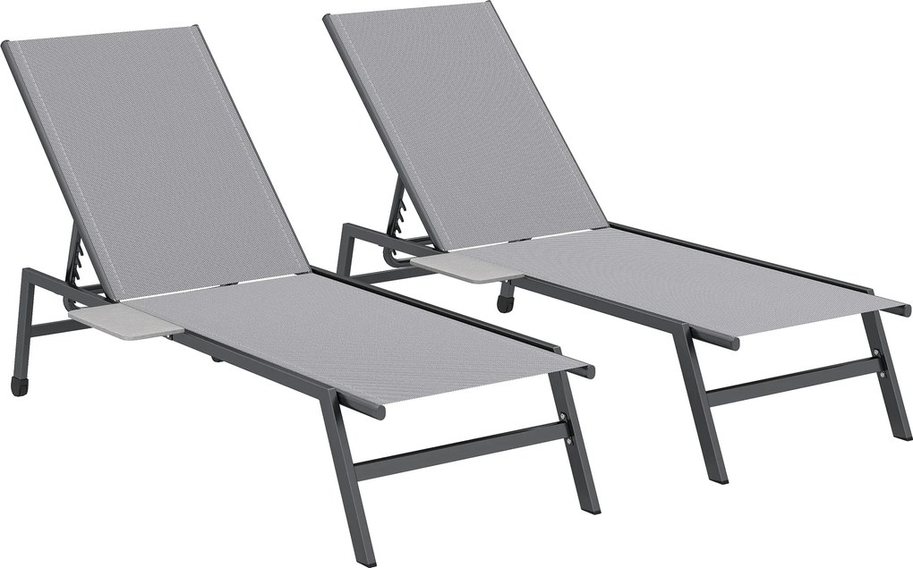Outsunny Set 2 Șezlonguri Reglabile în 5 Poziții cu Măsuță Laterală și 2 Roți, din Metal și Poliester, Gri | Aosom Romania