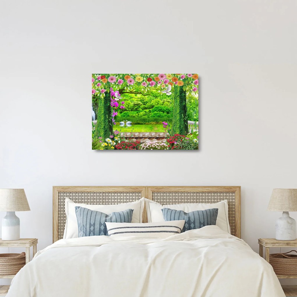 Tablou pe sticlă - Grădina magică cu lebede (70x50 cm)