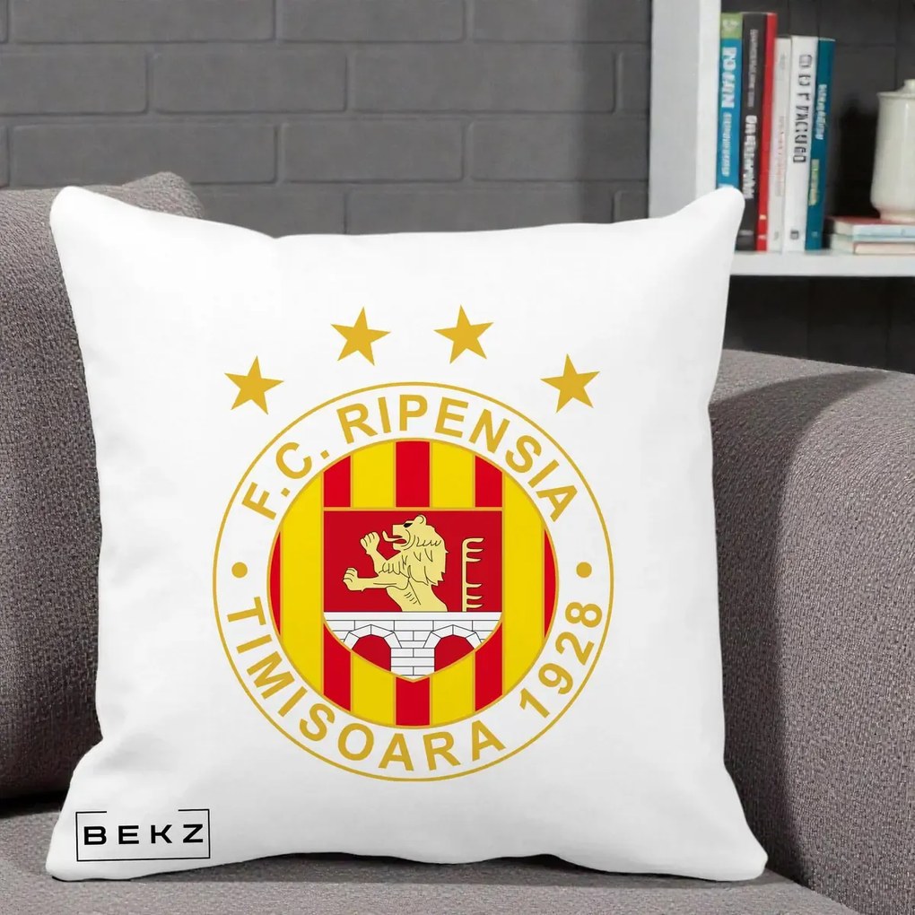 Perna Personalizata FC Ripensia Timisoara 1928, 40x40 cm, Alba Mata, Husa Detasabila, Perna Inclusa, BEKZ®