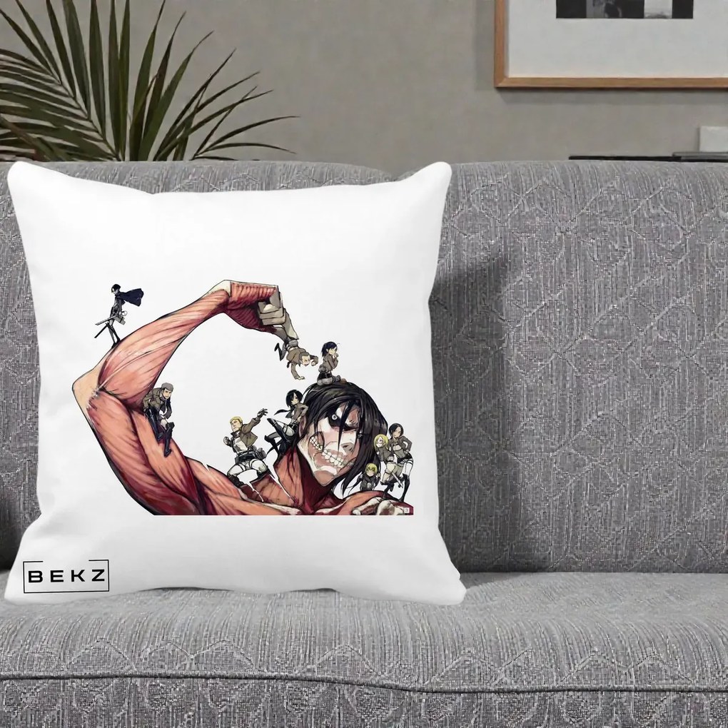 Perna Personalizata Attack on Titan Eren Titan Grup, 40x40 cm, Alba Mata, Husa Detasabila, Perna Inclusa, BEKZ®