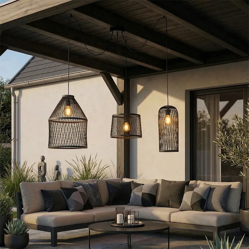 Lampă suspendată rustică pentru exterior din ratan negru cu 3 lumini - Calamus