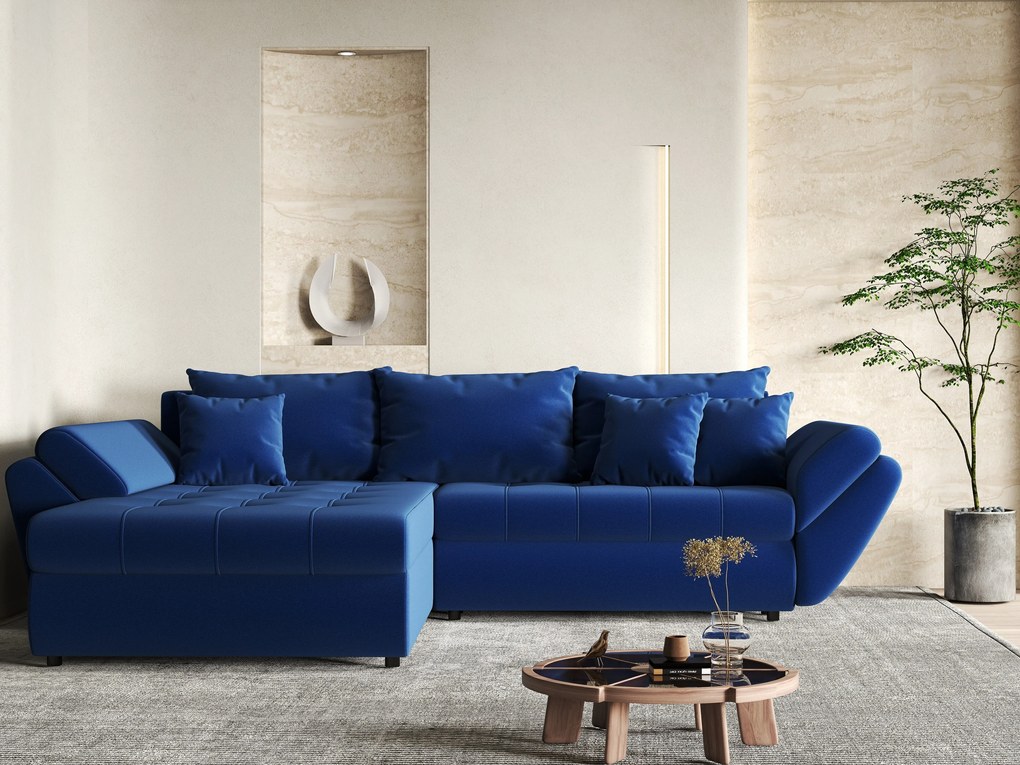 Colțar extensibil dumonde cu ladă de depozitare si sezut confortabil din spuma high-density, Loana Royal Blue 270x185 cm