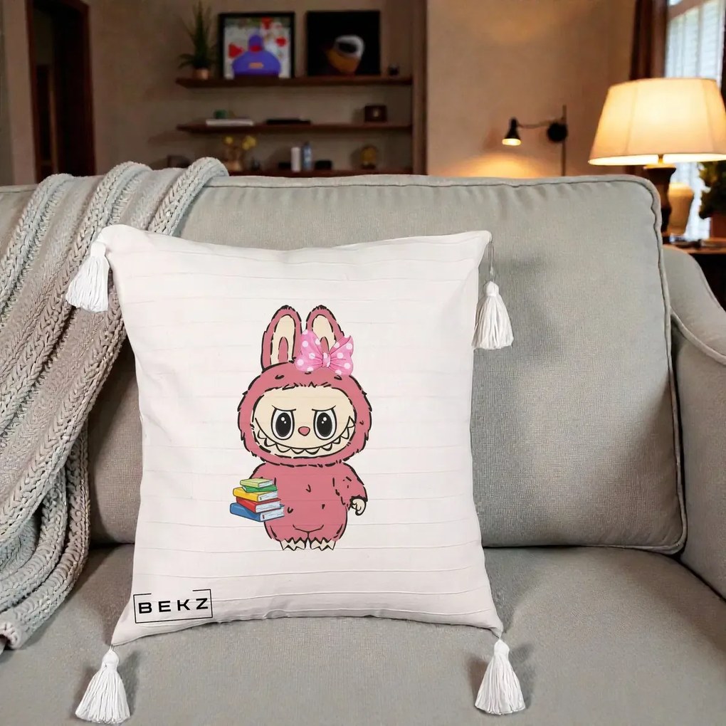 Perna Personalizata Labubu Roz cu Funda si Carti, 40x40 cm, Bej cu Franjuri, Husa Detasabila, Perna Inclusa, BEKZ®