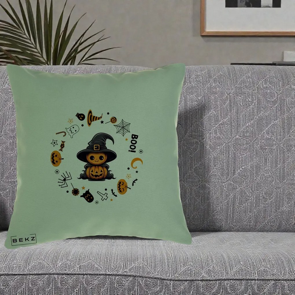 Perna Decorativa Halloween Dovleac Vrajitor Boo cu Simboluri, 40x40 cm, Verde, Husa Detasabila, Perna Inclusa, BEKZ®