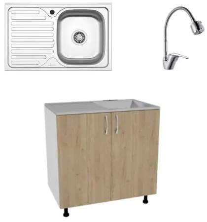 Set Masca Chiuveta Karo, Lemn Natural/Alb, 80 x 50 x 80 cm, Chiuveta Inox, Cuva dreapta, Baterie Flexibila