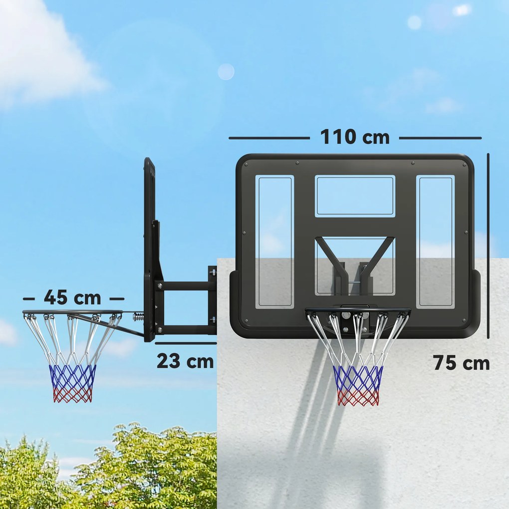 SPORTNOW Coș de baschet de perete pentru exterior 110 x 75 cm, panou rezistent la spargere, inel Ø45 cm, negru | Aosom Romania