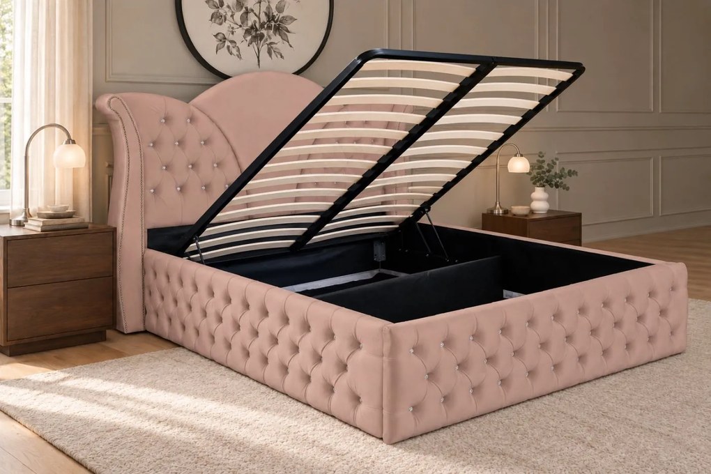 Pat tapițat Chesterfield din catifea Velora Deluxe 180×200 cm, cappuccino, cu ladă de depozitare