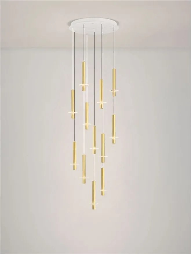 Lustra cu 12 Pendule tub subtire aluminiu auriu si alabastru LED NOEMI