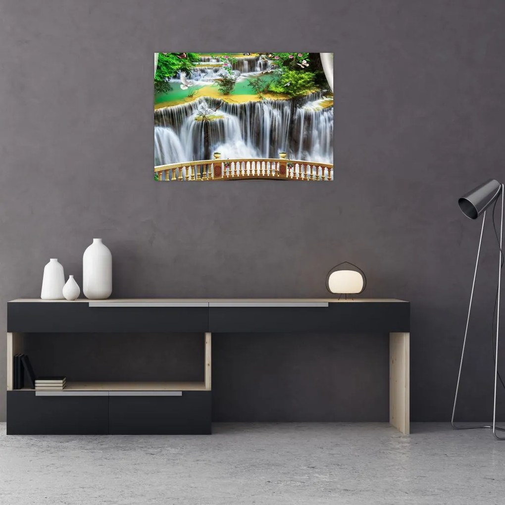 Tablou pe sticlă - Privire la cascade magice (70x50 cm)