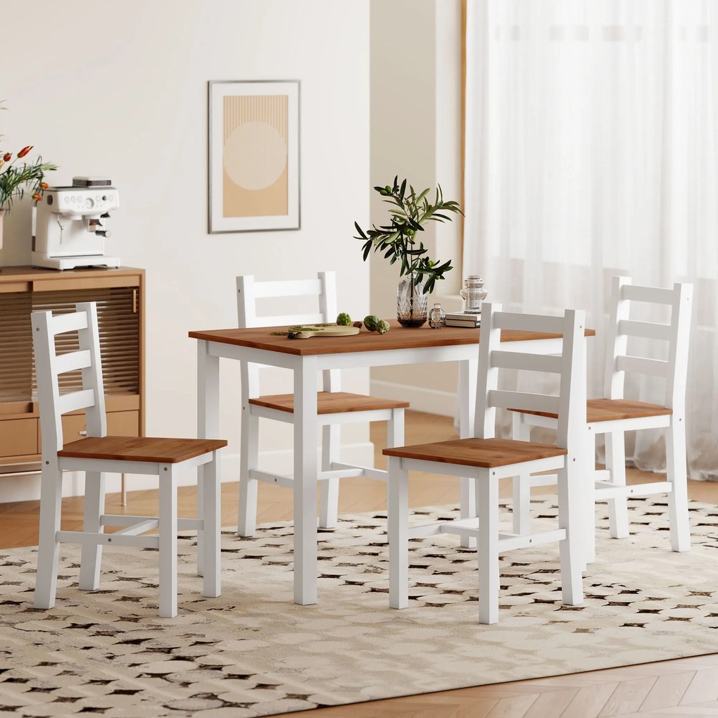 HOMCOM Set de masă, masă de cină, 4 scaune, set de dining, pin, maro + alb | Aosom Romania