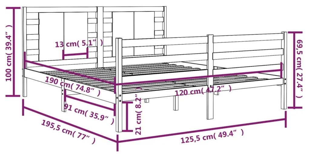 Cadru pat Small Double 4FT, negru, 120x190 cm, lemn masiv pin Negru, 120 x 190 cm