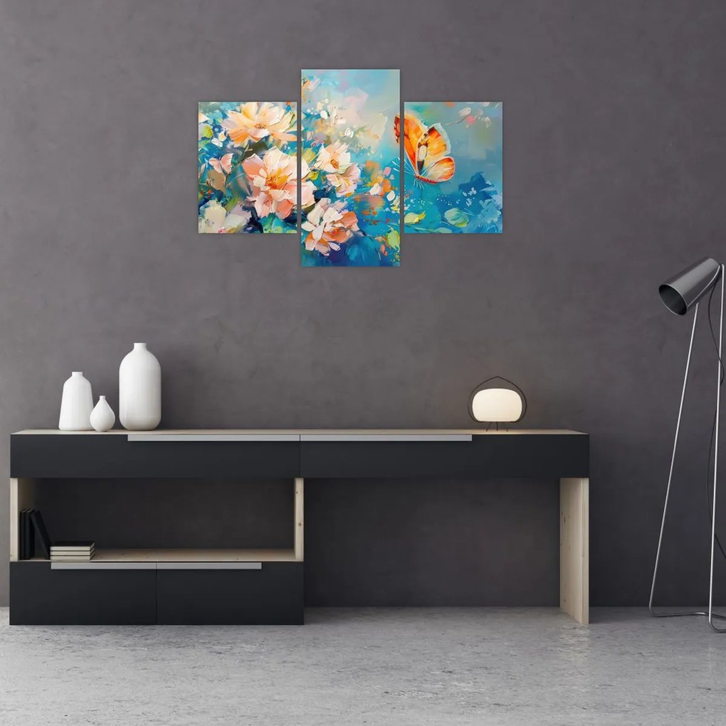 Tablou - Fluture și flori, pictură în ulei II. (90x60 cm)