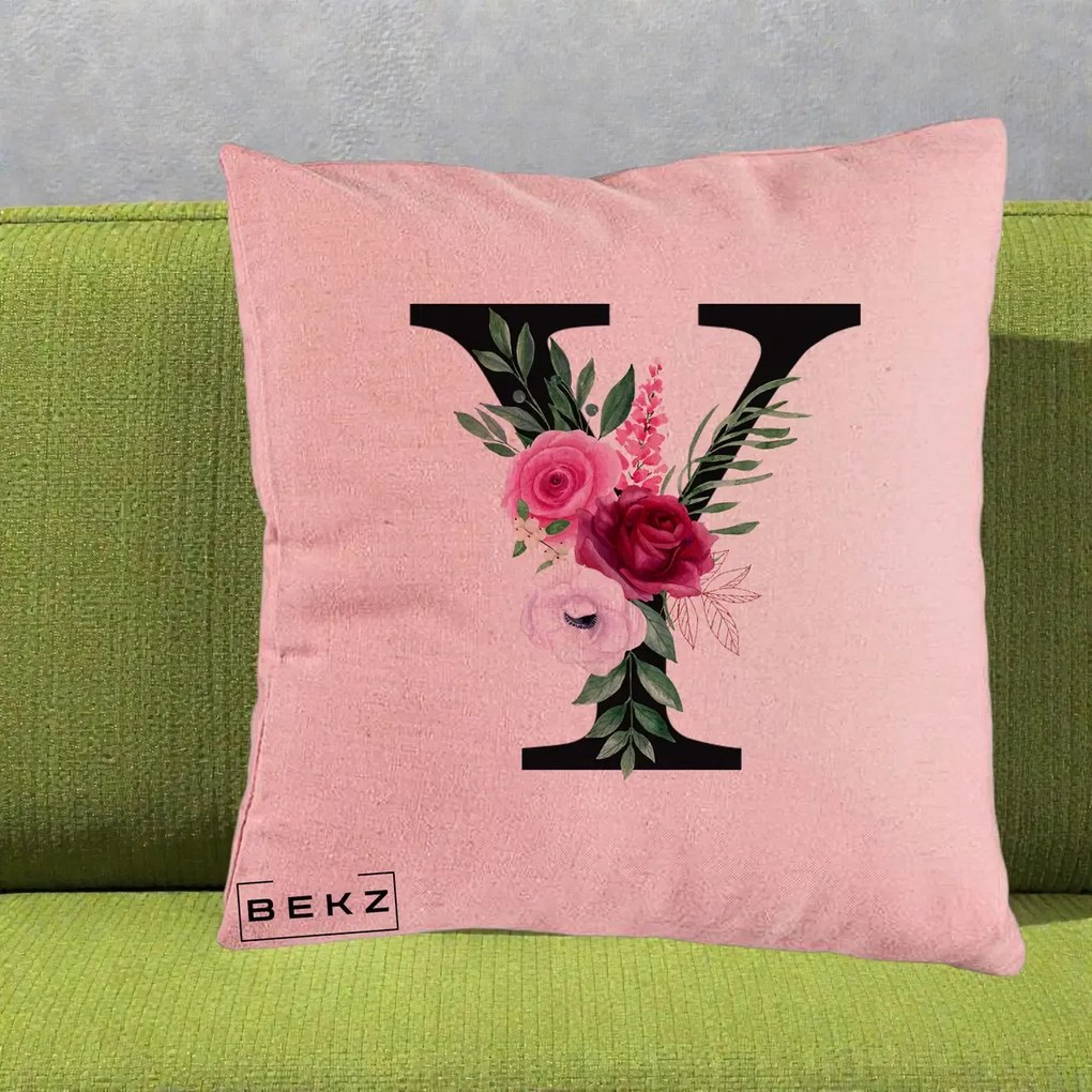 Cadou Personalizat - Perna Personalizata Monograma Florala Litera Y cu Buchet, 40x40 cm, Roz, Husa Detasabila, Perna Inclusa, BEKZ®