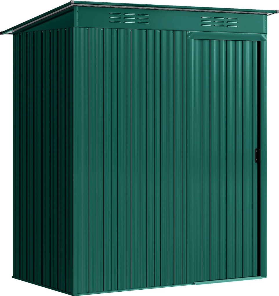 Outsunny Căsuță de Grădină 1.37m² din Metal, Montare Ușoară, Spațiu de Depozitare Unelte Grădină cu Ventilație, Ușă Culisantă, Acoperiș Înclinat și Mănuși, 159x106x181 cm, Verde | Aosom Romania